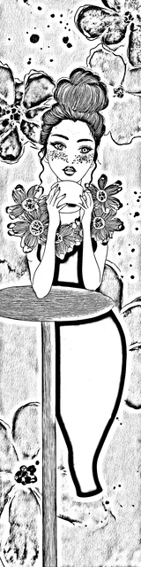 Free colorable bookmarks of a person drinking coffee at a table